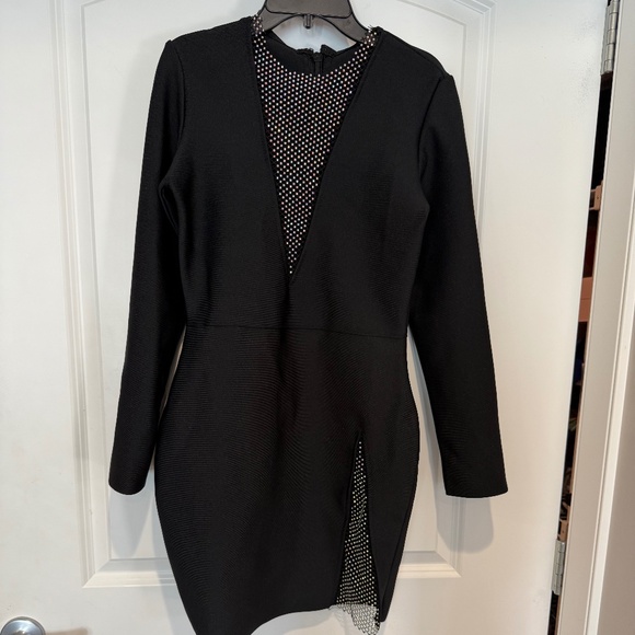 Body con black mini dress with rhinestone mesh inserts - Picture 1 of 4